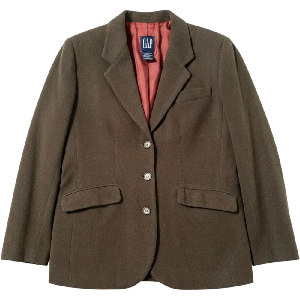 GAP Wool Angora Blazer Medium Olive Green 3-Button Tailored Jacket Dark Academia